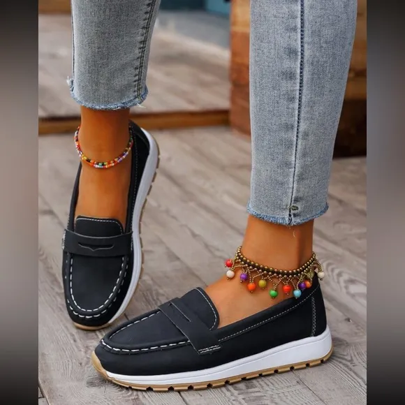 Women's Black Vegan Leather Loafers with Gold Buckle