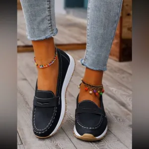 Women's Black Vegan Leather Loafers with Gold Buckle