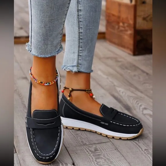 Women's Black Vegan Leather Loafers with Gold Buckle