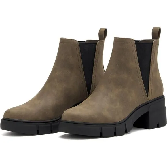 Women's Chelsea Boots Brown Faux Leather Lug Sole Ankle Booties