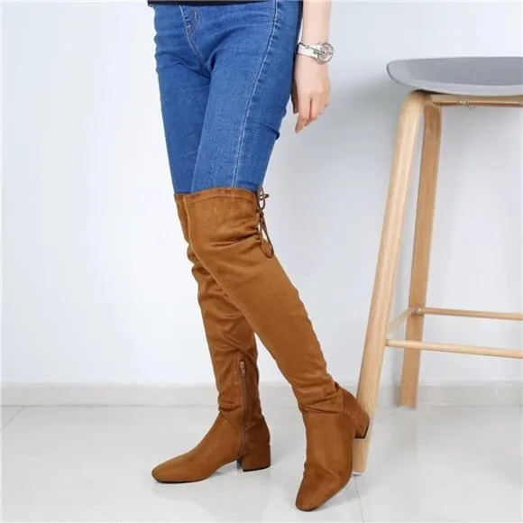 Women's Over Knee High Boots Winter Long Boot with Side Zipper Back Lace, Camel