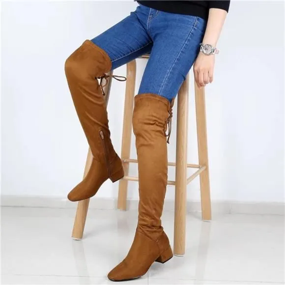 Women's Over Knee High Boots Winter Long Boot with Side Zipper Back Lace, Camel