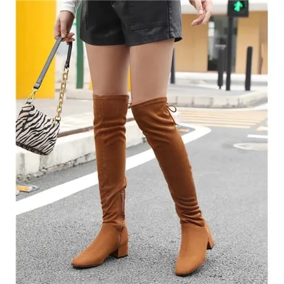 Women's Over Knee High Boots Winter Long Boot with Side Zipper Back Lace, Camel