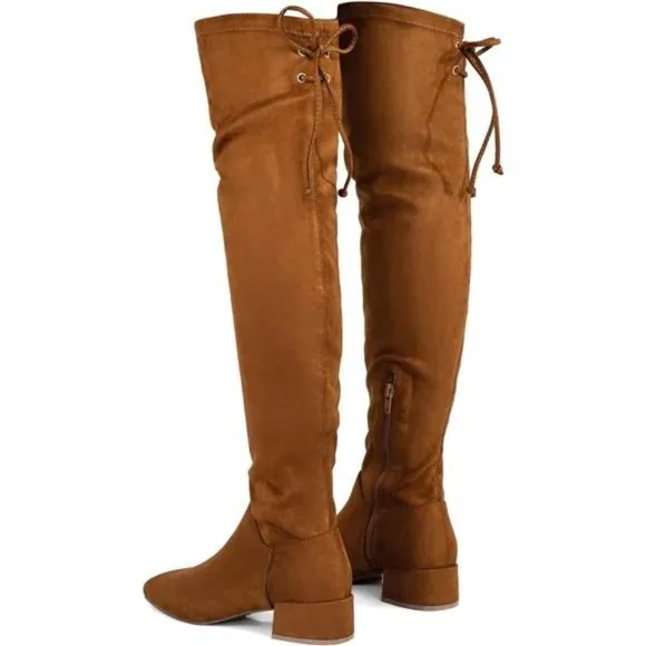 Women's Over Knee High Boots Winter Long Boot with Side Zipper Back Lace, Camel