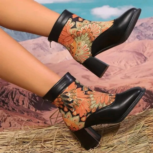 Women's Printed Short Boots, High Heel Square Toe Zipper Mid-Calf Boots