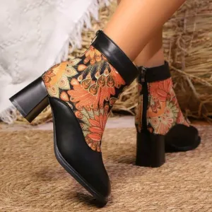 Women's Printed Short Boots, High Heel Square Toe Zipper Mid-Calf Boots