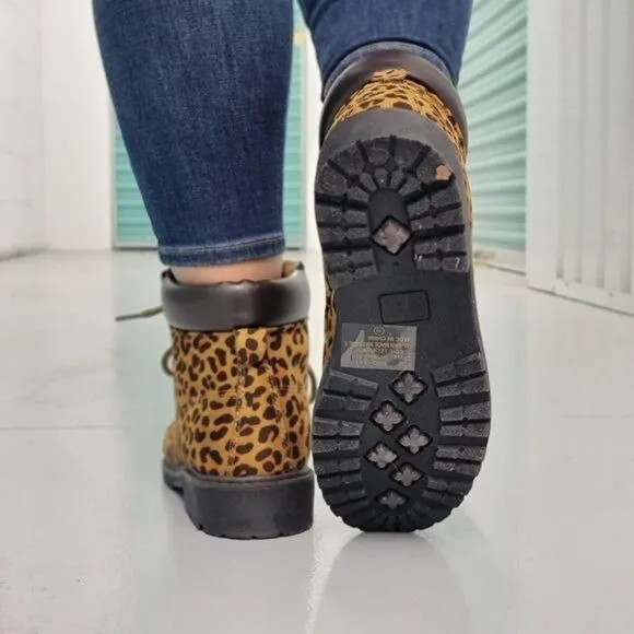 Women's Leopard Combat Lace-up Ankle Boots Low Heel