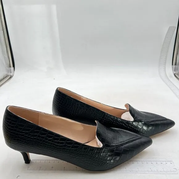 XYD Women Versatile Crocodile Style Low Kitten Heel Pumps Sexy Pointed Toe Black