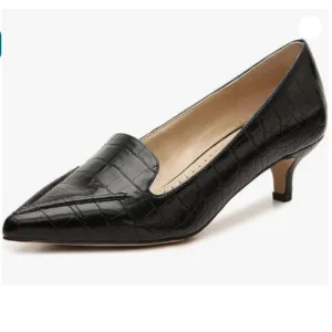 XYD Women Versatile Crocodile Style Low Kitten Heel Pumps Sexy Pointed Toe Black