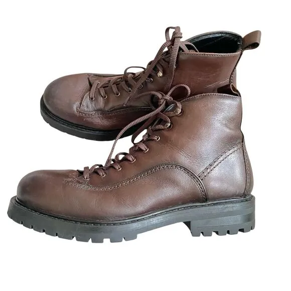 Zara Ankle Boots Combat Men 10 Brown Leather Chunky Lace Up Heavy Made Portugal