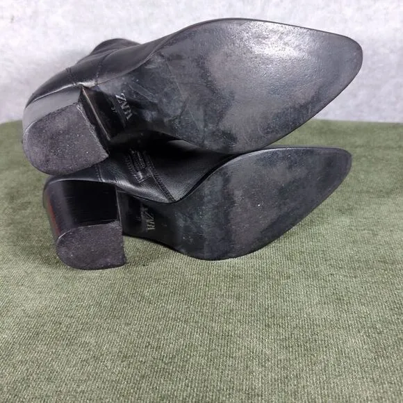 Zara Black Heeled Cowboy Ankle Boots Women's Sz37/6.5 US‎ Leather Western