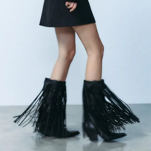 ZARA FRINGED LEATHER COWBOY BOOTS BLACK SIZE US 6 EUR 36 NWT