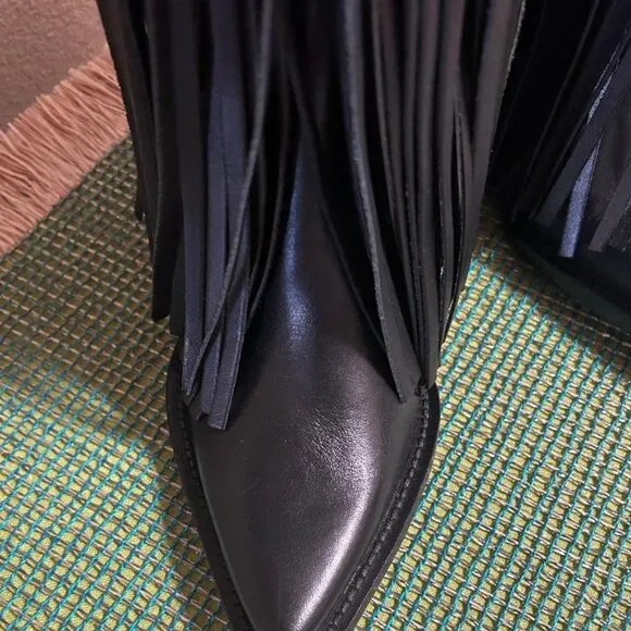 ZARA FRINGED LEATHER COWBOY BOOTS BLACK SIZE US 6 EUR 36 NWT