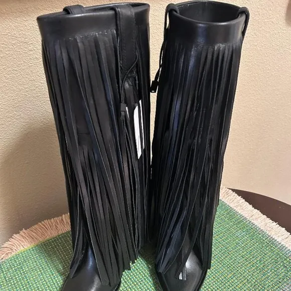 ZARA FRINGED LEATHER COWBOY BOOTS BLACK SIZE US 6 EUR 36 NWT