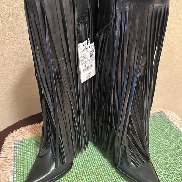 ZARA FRINGED LEATHER COWBOY BOOTS BLACK SIZE US 6 EUR 36 NWT