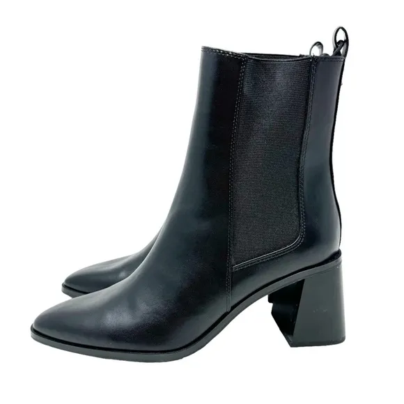 ZARA Geometrical Heel Chelsea Ankle Boots Black Faux Leather Slip On Boot NWOT