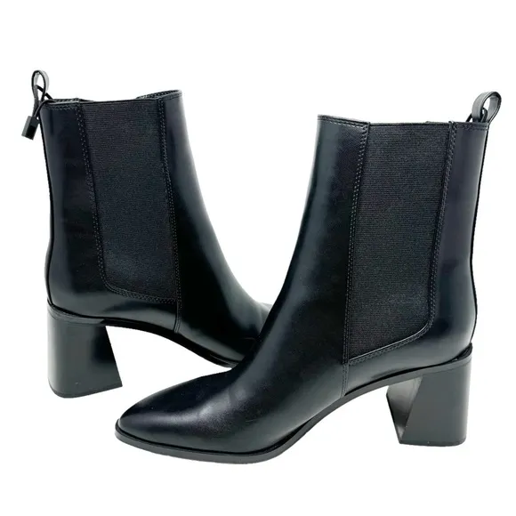 ZARA Geometrical Heel Chelsea Ankle Boots Black Faux Leather Slip On Boot NWOT