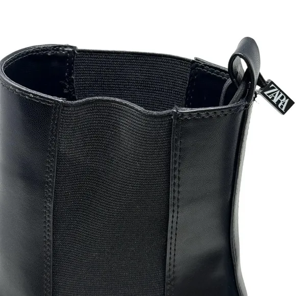 ZARA Geometrical Heel Chelsea Ankle Boots Black Faux Leather Slip On Boot NWOT