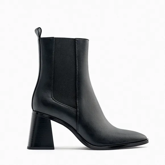 ZARA Geometrical Heel Chelsea Ankle Boots Black Faux Leather Slip On Boot NWOT