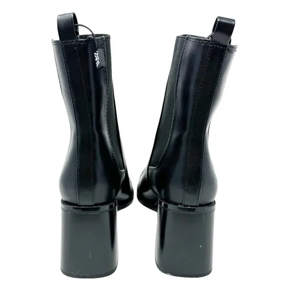 ZARA Geometrical Heel Chelsea Ankle Boots Black Faux Leather Slip On Boot NWOT