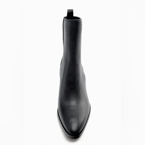 ZARA Geometrical Heel Chelsea Ankle Boots Black Faux Leather Slip On Boot NWOT