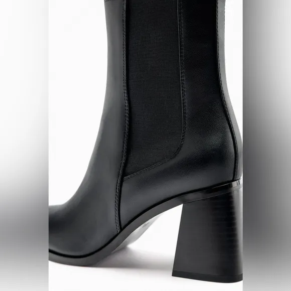ZARA Geometrical Heel Chelsea Ankle Boots Black Faux Leather Slip On Boot NWOT